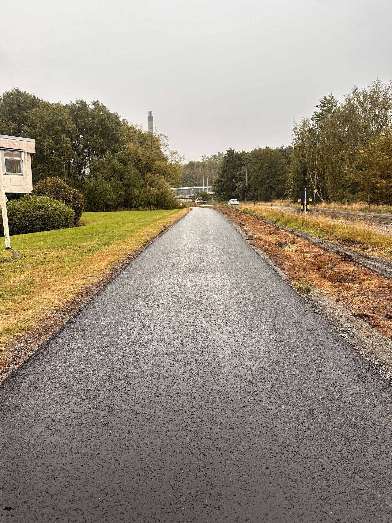 Nyanlagd asfaltväg genom grönområde en regnig höstdag